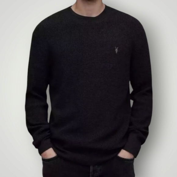 All Saints Sweater Mens L Black Stein Crew Ramskull Jumper Open Weave Lightweigh - Picture 1 of 10